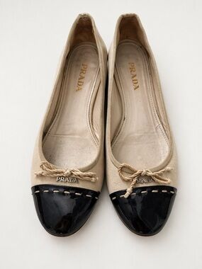 Prada Canvas Cap Toe Ballet Flats Beige Black Women Sz 7